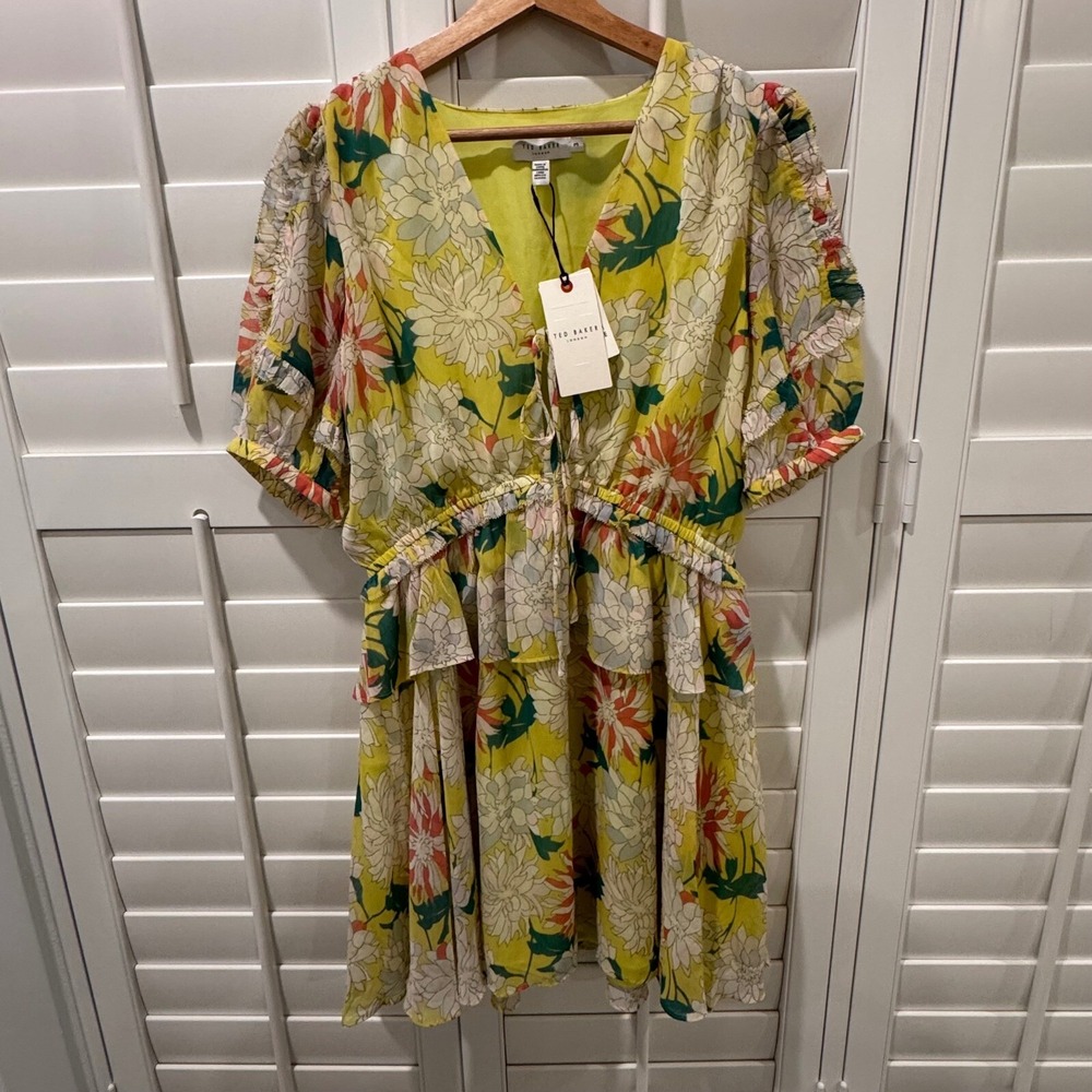 New Ted Baker Isbella Floral Mini Dress 3 (US 8) Yellow Puff Sleeve Garden Party